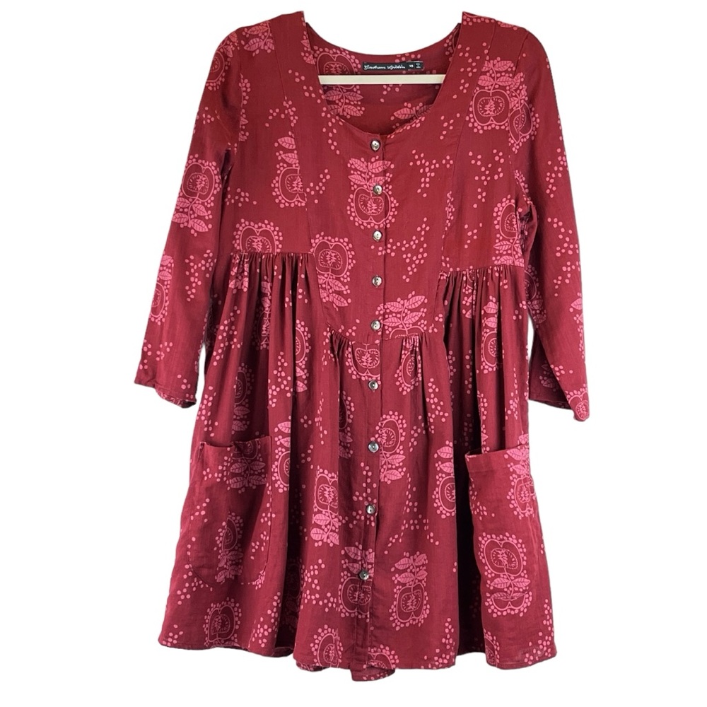 Gudrun Sjoden Cotton Button Down Dress Tunic Pockets Apple Pattern Sz XS